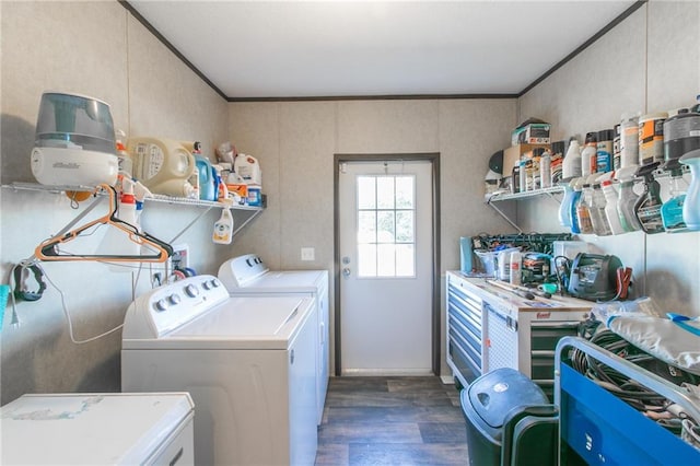 washroom with separate washer and dryer, dark wood-type flooring, ornamental molding, and hookup for a washing machine