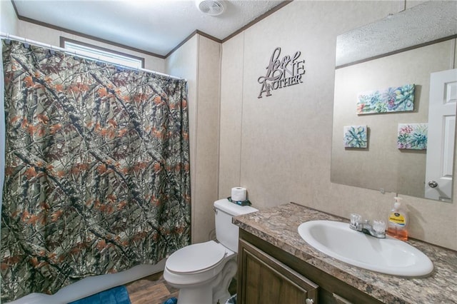 bathroom with toilet, a textured ceiling, vanity, and hardwood / wood-style flooring