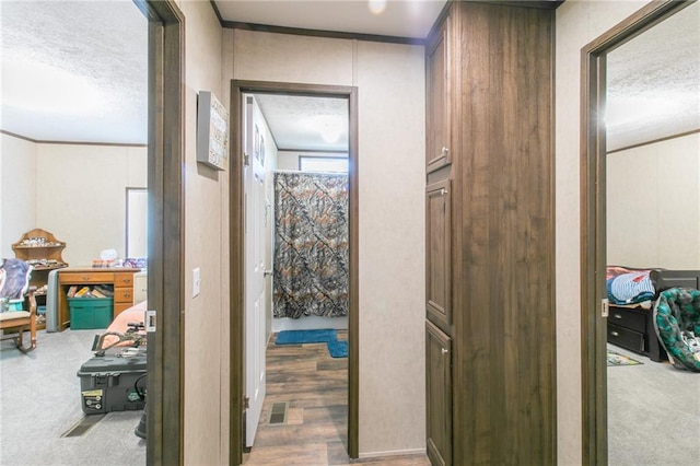 hall with a textured ceiling, dark carpet, and crown molding