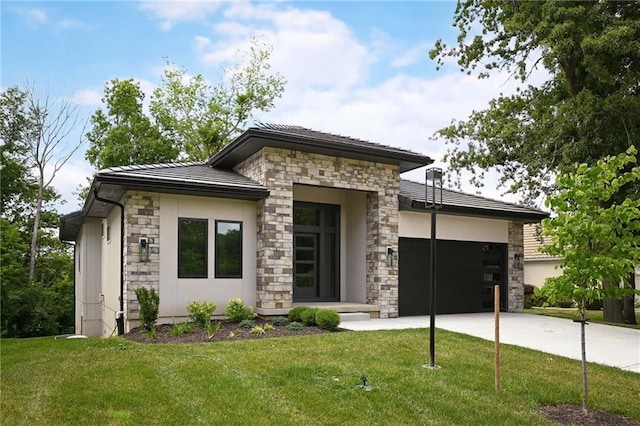 111 Teton Rdg, Lake Winnebago, MO 64034 - view of front of property with stone siding, concrete driveway, a garage, a front yard, and stucco siding