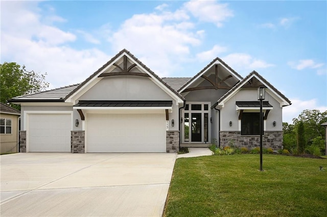 115 Teton Rdg, Lake Winnebago, MO 64034 - view of front of house with stone siding, stucco siding, a front yard, and an attached garage