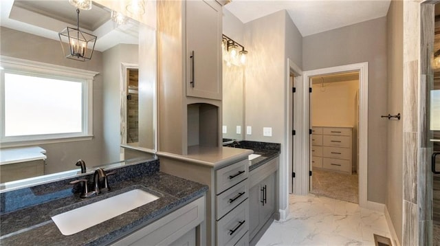 bathroom featuring visible vents, marble finish floor, and vanity