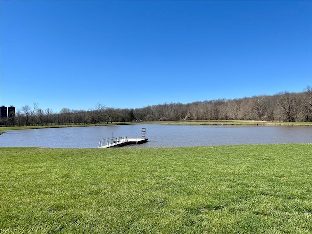 dock area with a water view and a lawn