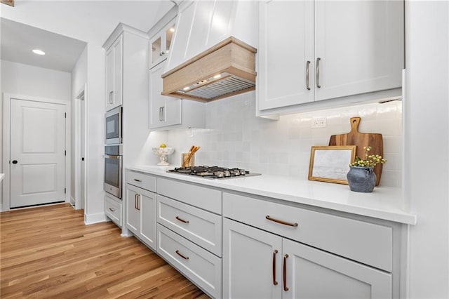20132 Barker St, Spring Hill, KS 66083 - kitchen featuring stainless steel appliances, premium range hood, light countertops, light wood-type flooring, and decorative backsplash