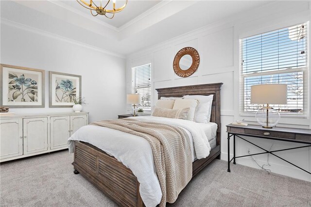 20132 Barker St, Spring Hill, KS 66083 - bedroom featuring light carpet, a chandelier, ornamental molding, and a tray ceiling