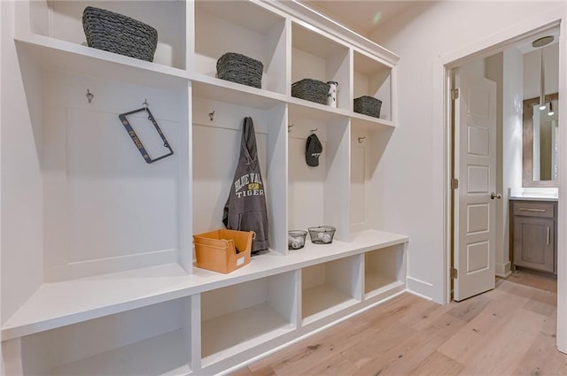 mudroom with light hardwood / wood-style floors