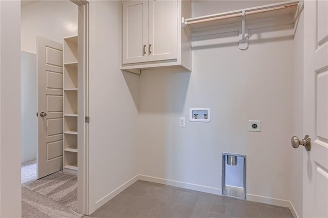 laundry room with cabinets, carpet flooring, hookup for an electric dryer, and washer hookup