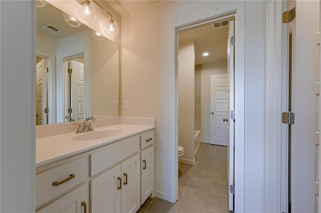 full bathroom featuring vanity, tile patterned flooring, shower / bathing tub combination, and toilet