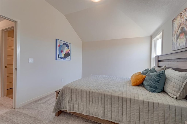 bedroom with lofted ceiling and carpet floors