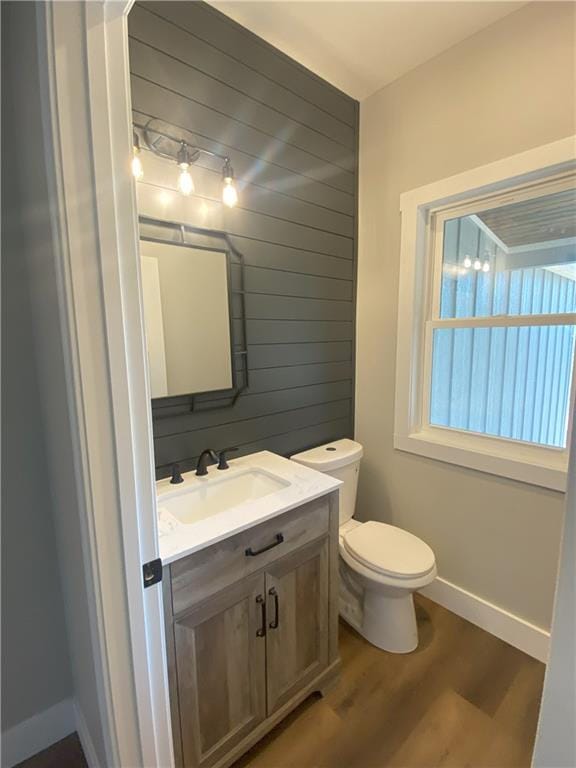 bathroom with vanity, hardwood / wood-style floors, and toilet