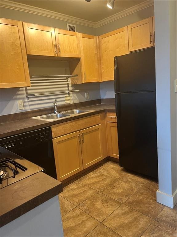 kitchen with light brown cabinetry, sink, light tile floors, ornamental molding, and black appliances