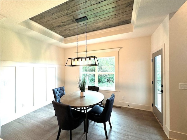 dining room featuring wooden ceiling, a decorative wall, dark wood-style flooring, wainscoting, and a raised ceiling