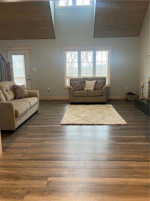 living room with a high ceiling and dark wood-type flooring