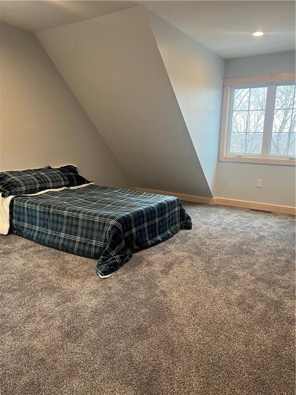 7930 Eagle Bay Dr, Gravois Mills, MO 65037 - bedroom featuring carpet flooring, baseboards, vaulted ceiling, and recessed lighting