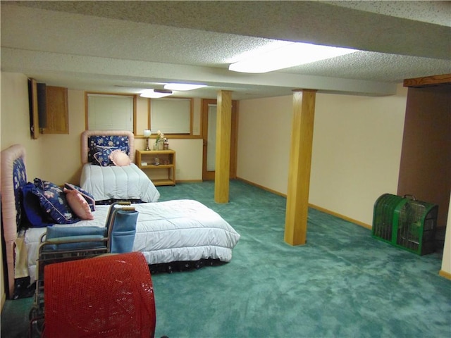 carpeted bedroom with a textured ceiling