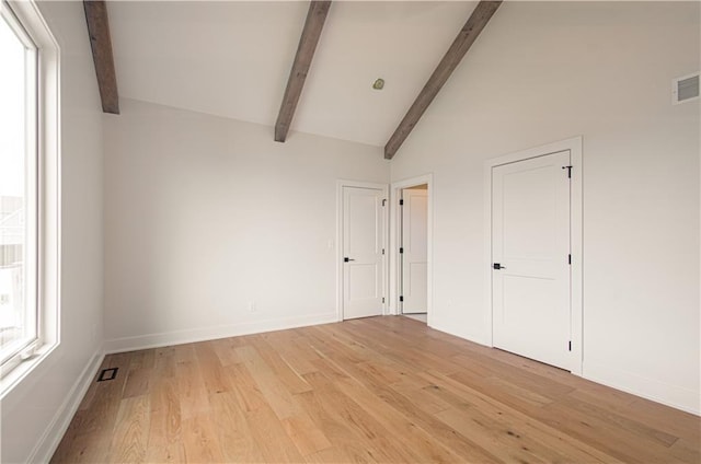 7551 NW Gower Ave, Kansas City, MO 64151 - interior space featuring baseboards, visible vents, lofted ceiling with beams, and light wood-style floors