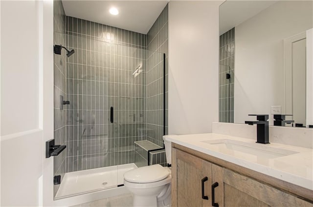 7551 NW Gower Ave, Kansas City, MO 64151 - bathroom featuring recessed lighting, a shower stall, toilet, and vanity