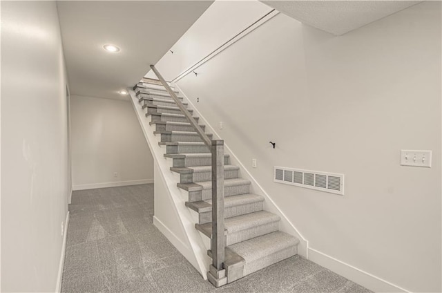7551 NW Gower Ave, Kansas City, MO 64151 - stairway featuring carpet, visible vents, recessed lighting, and baseboards