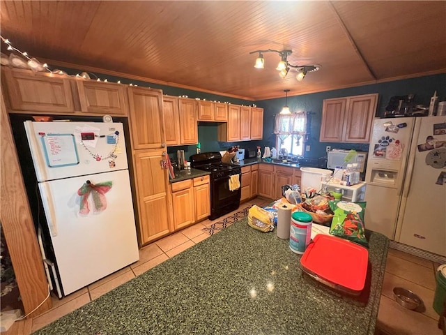 kitchen with wooden ceiling, white fridge with ice dispenser, white refrigerator, and black range