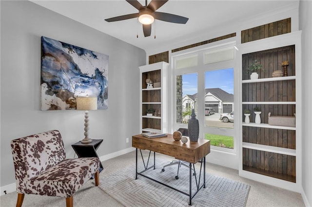 16879 S Cardinal St, Olathe, KS 66062 - office area featuring carpet floors, a ceiling fan, and baseboards