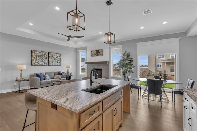 16879 S Cardinal St, Olathe, KS 66062 - kitchen featuring a sink, ceiling fan, a lit fireplace, light wood finished floors, and recessed lighting
