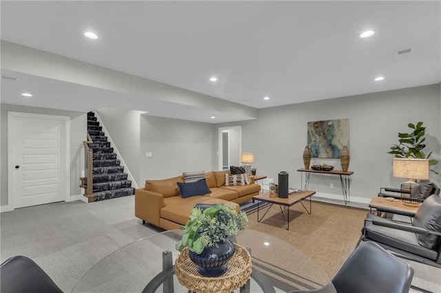 16879 S Cardinal St, Olathe, KS 66062 - living area featuring stairs, recessed lighting, baseboards, and light carpet