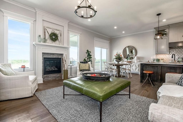 living room with ornamental molding, dark wood-type flooring, and plenty of natural light