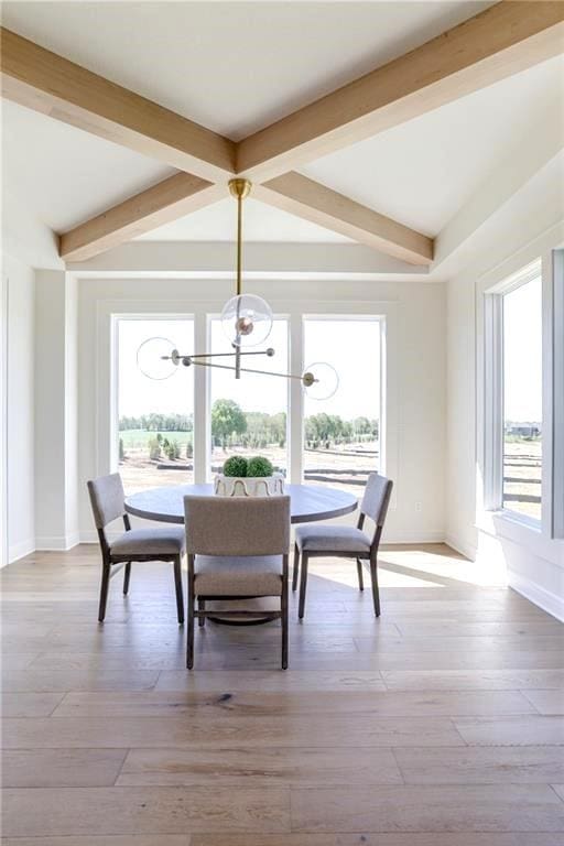 dining space featuring a wealth of natural light, lofted ceiling with beams, and hardwood / wood-style floors