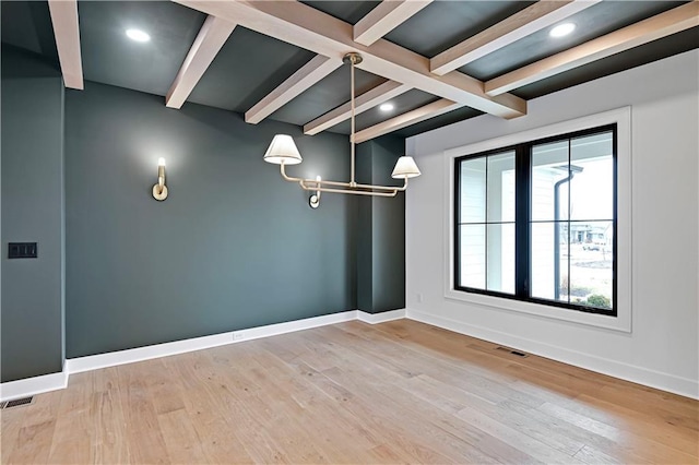 unfurnished room featuring beam ceiling and light hardwood / wood-style floors