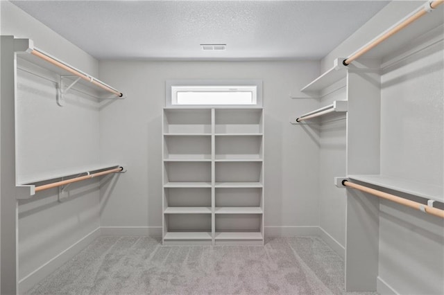 walk in closet with light carpet