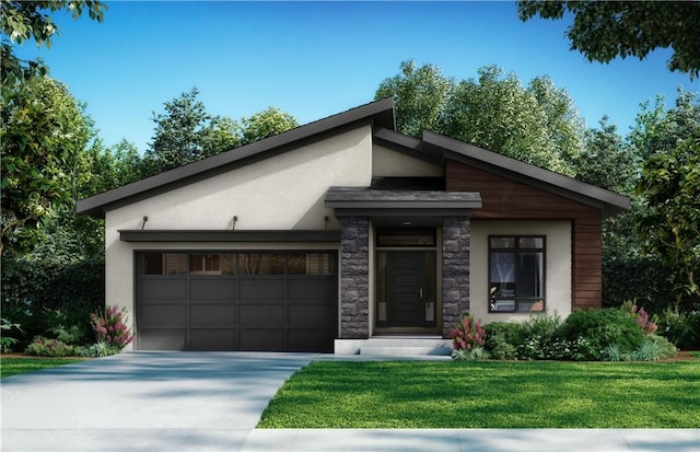 modern home featuring a garage and a front lawn