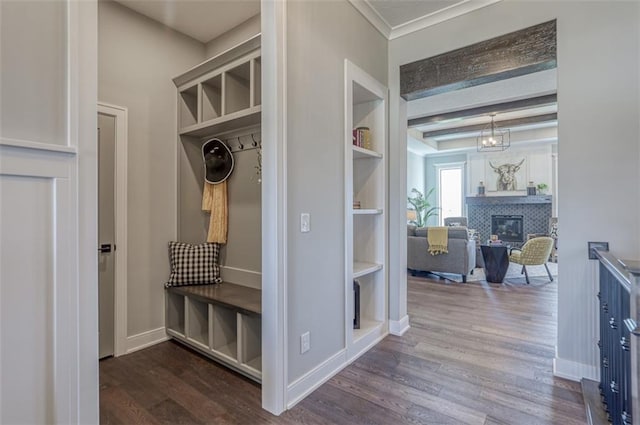 mudroom featuring a fireplace, dark hardwood / wood-style flooring, and built in features