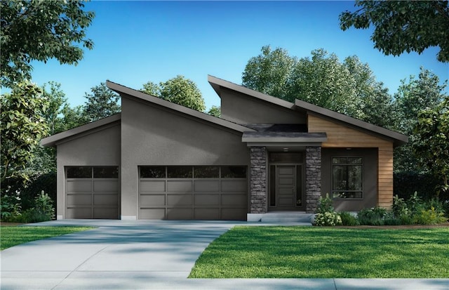 contemporary house featuring a garage and a front lawn