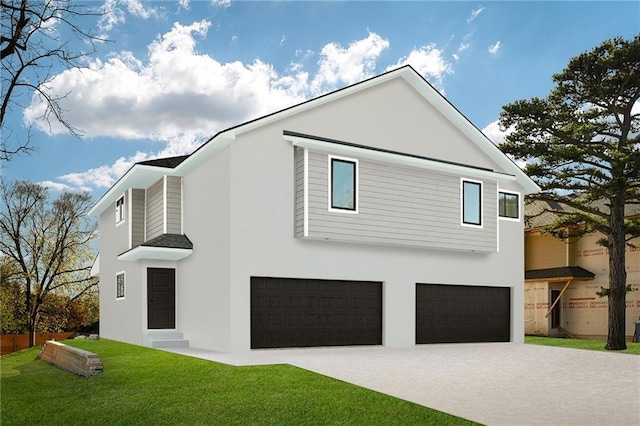 view of property exterior with a garage and a yard