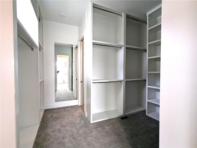 walk in closet with dark carpet