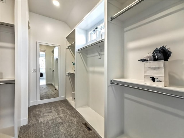 spacious closet featuring dark carpet and vaulted ceiling