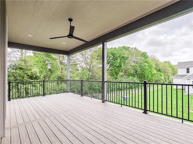 9301 W 168th St, Overland Park, KS 66085 - wooden terrace with a ceiling fan and a lawn