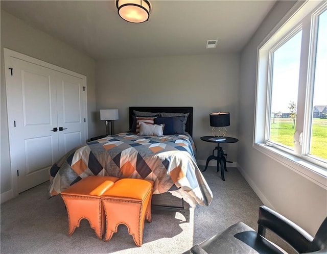 carpeted bedroom with multiple windows and a closet