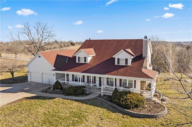 cape cod-style house featuring a porch and a garage