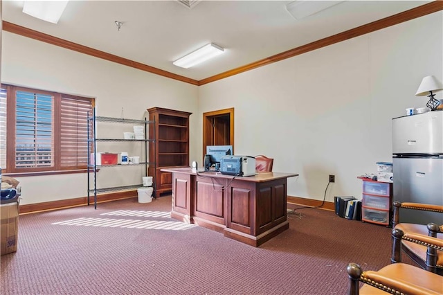 office space with dark carpet and ornamental molding