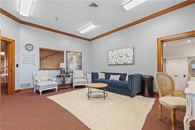 living room with dark carpet and crown molding