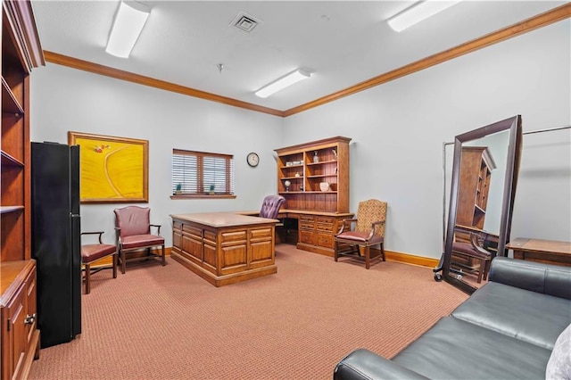 carpeted home office featuring ornamental molding