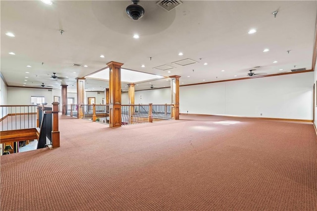 interior space featuring ceiling fan and carpet