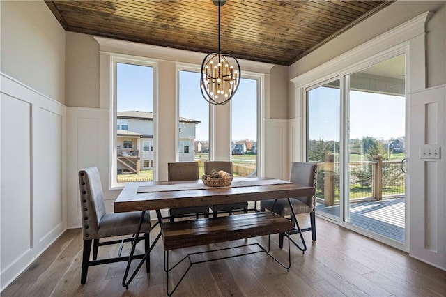 dining room featuring a notable chandelier, dark wood-type flooring, and wood ceiling