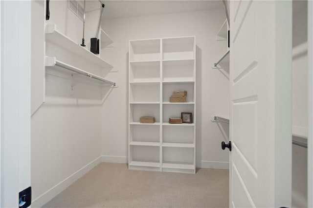 walk in closet featuring light colored carpet