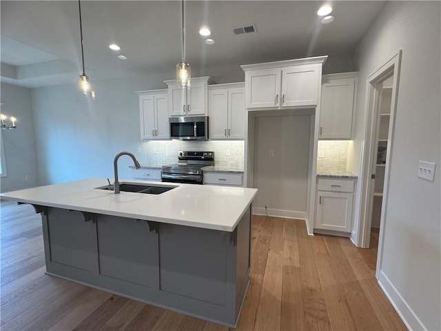 kitchen featuring pendant lighting, a kitchen island with sink, sink, white cabinetry, and stainless steel appliances