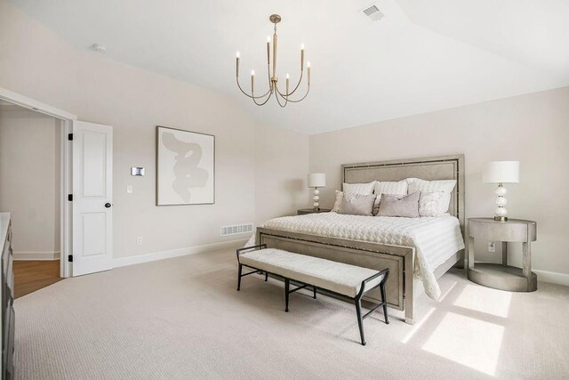 16743 S Hall St, Olathe, KS 66062 - bedroom featuring visible vents, carpet flooring, a chandelier, and vaulted ceiling