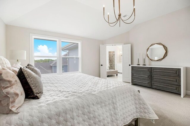 16743 S Hall St, Olathe, KS 66062 - bedroom with a chandelier, light carpet, ensuite bathroom, and vaulted ceiling