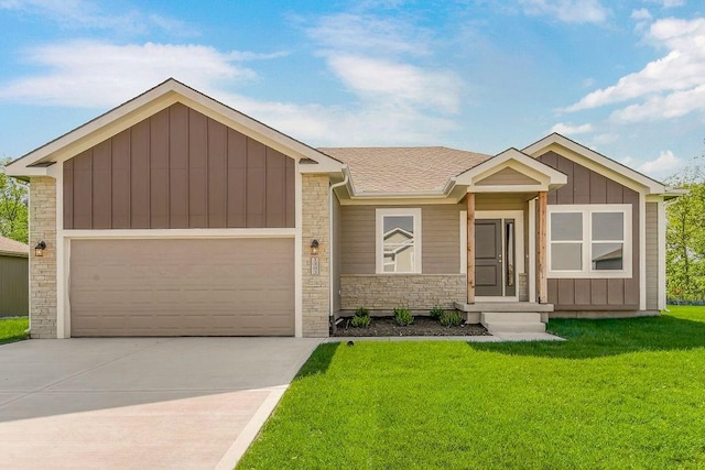 view of front of home with stone siding, a front yard, board and batten siding, and concrete driveway