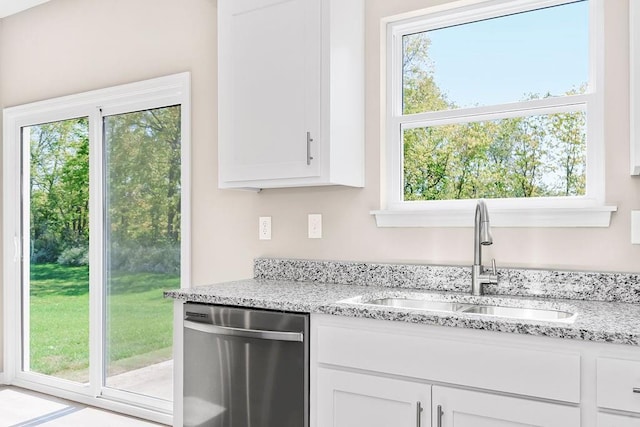 kitchen with a sink, light stone countertops, white cabinetry, and dishwasher